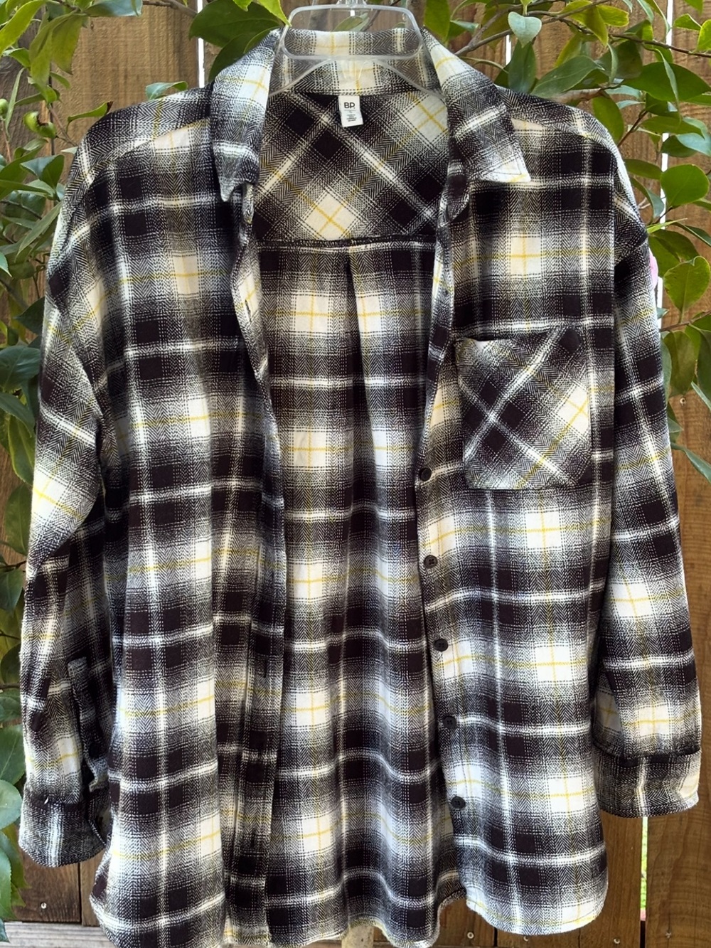 BP Oversized Plaid Flannel Shirt Black/White w/Yellow accents Size Small